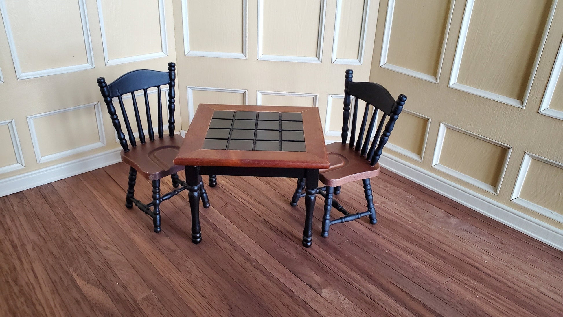 Dollhouse Miniature Kitchen Chair Black & Dark Walnut Spindle Back 1:12 Scale