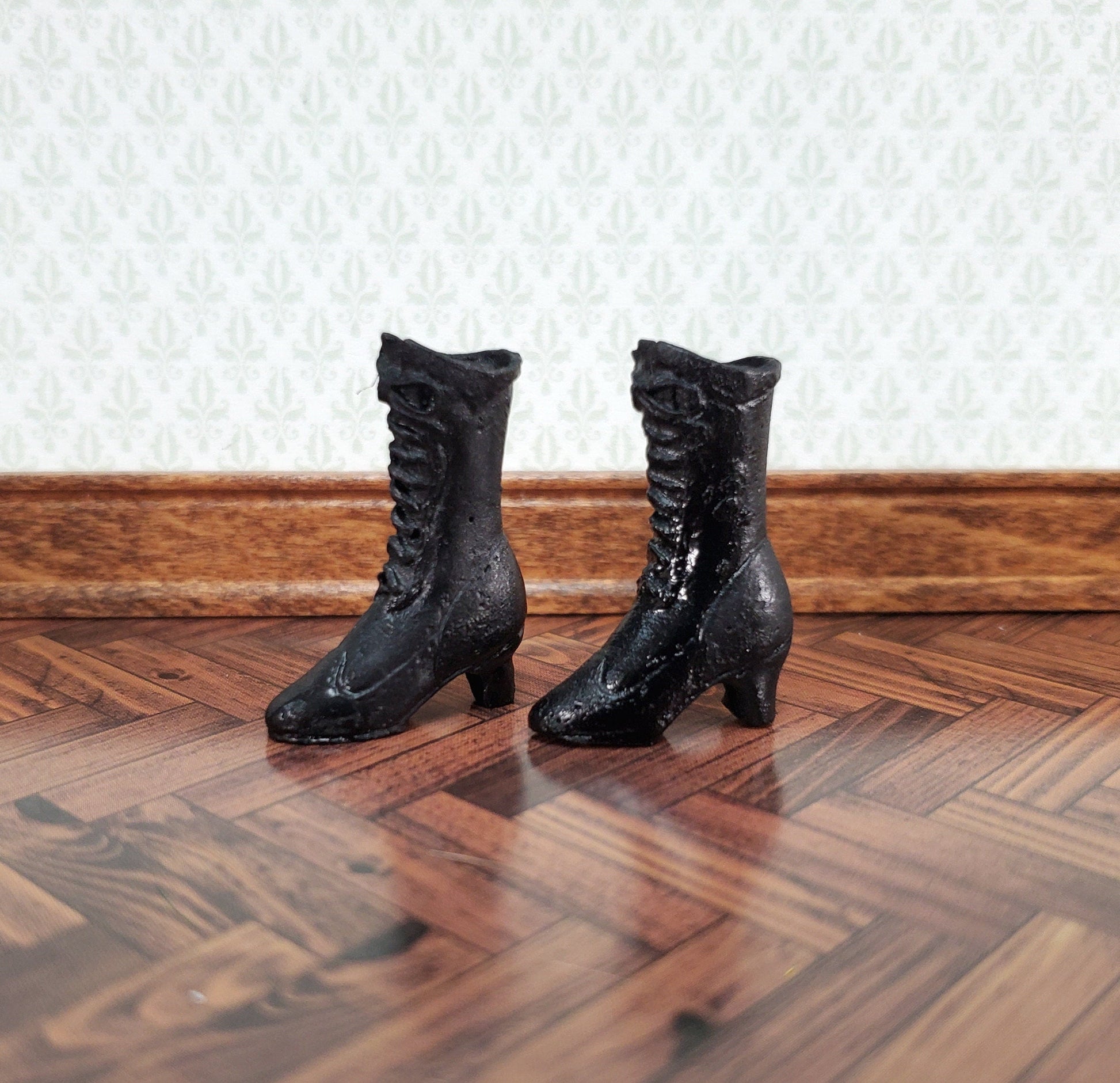 Dollhouse Victorian Boots Tall Black Lace Up Resin Miniatures 1 1/8" Tall