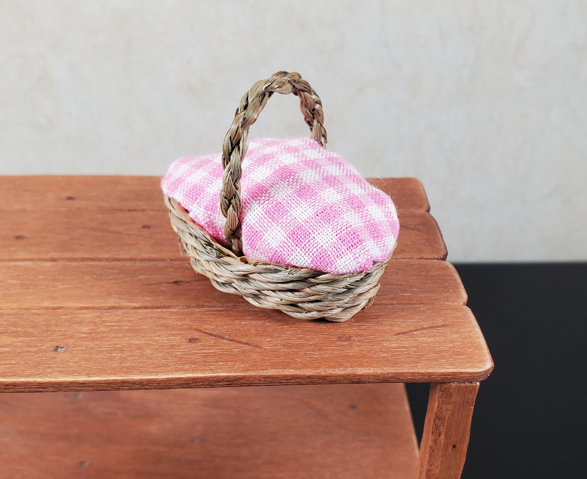 Dollhouse Picnic Basket with Pink & White Gingham Cover 1:12 Scale Miniature