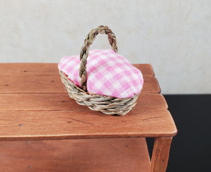 Dollhouse Picnic Basket with Pink & White Gingham Cover 1:12 Scale Miniature