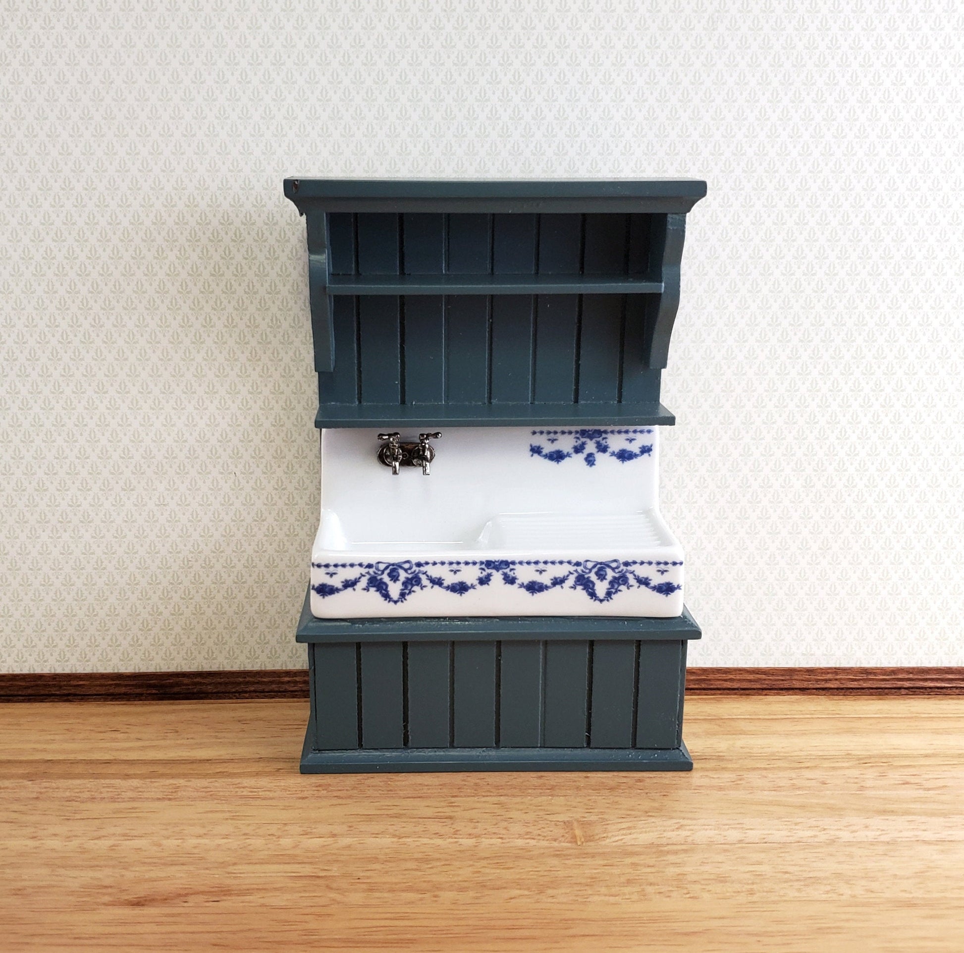 Dollhouse Reutter Sink Cabinet Blue & White 1:12 Scale Miniature Kitchen