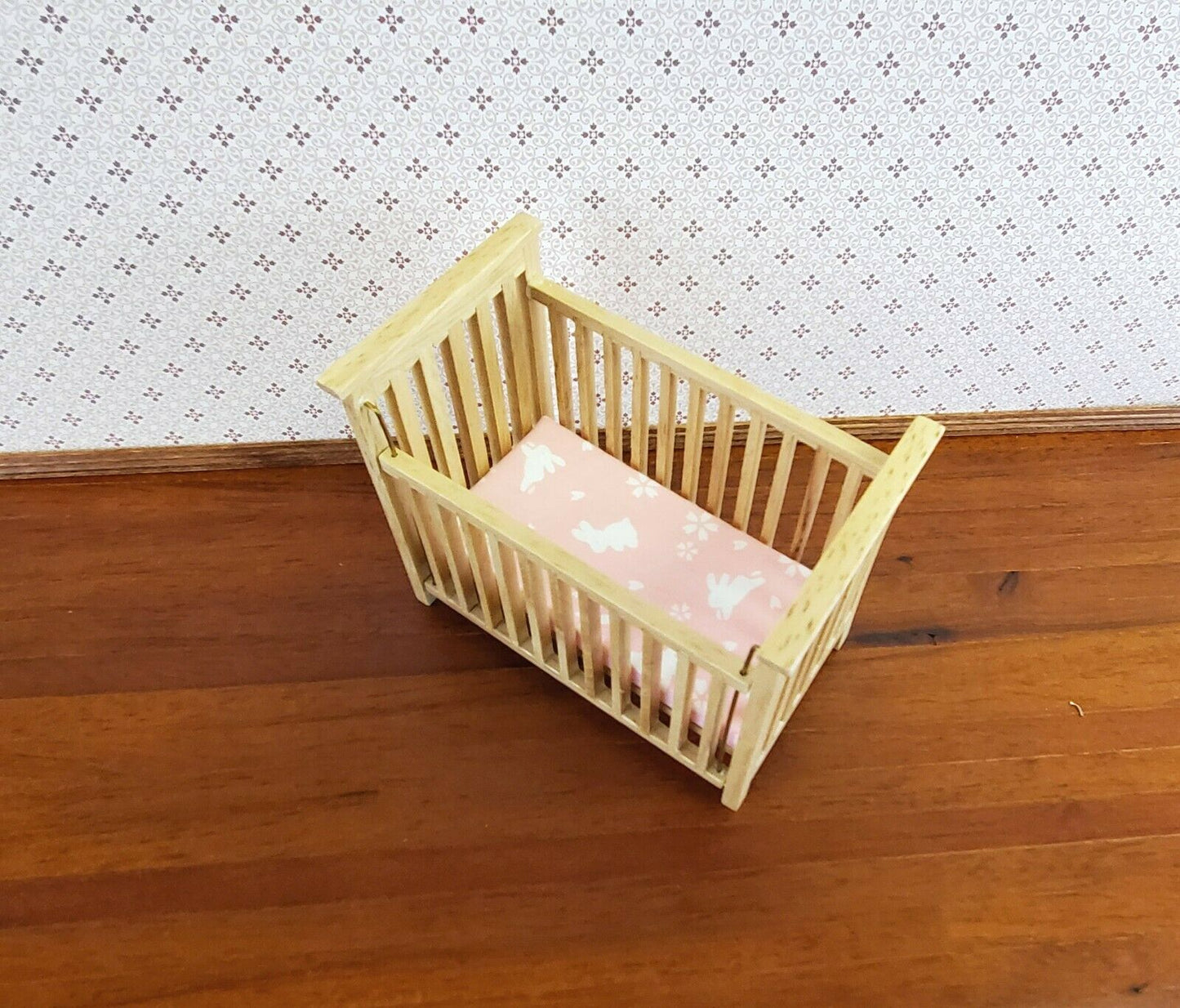Dollhouse Miniature Crib Wood Light Oak Drop Side 1:12 Scale Nursery Furniture