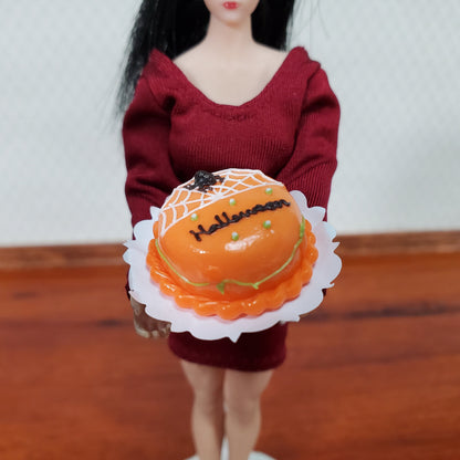 Dollhouse Halloween Cake with Spider & Web Round 1:12 Miniature Orange & White