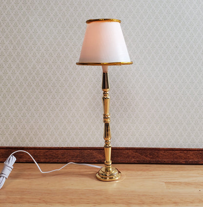 Dollhouse Brass Floor Lamp White Shade 12 Volt with Plug 1:12 Scale HW2718