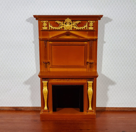 Dollhouse Fireplace with Ornate Overmantel 1:12 Scale Miniature Walnut Finish