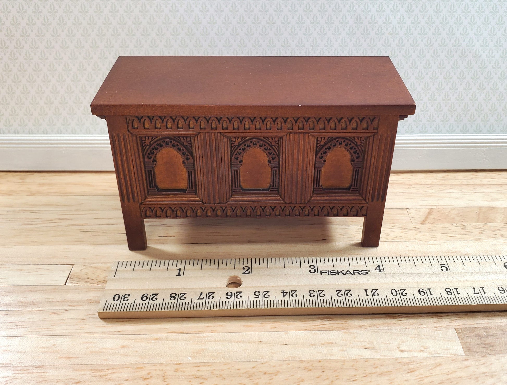 JBM Dollhouse Trunk Chest Tudor Gothic Style Walnut Finish 1:12 Scale Miniature