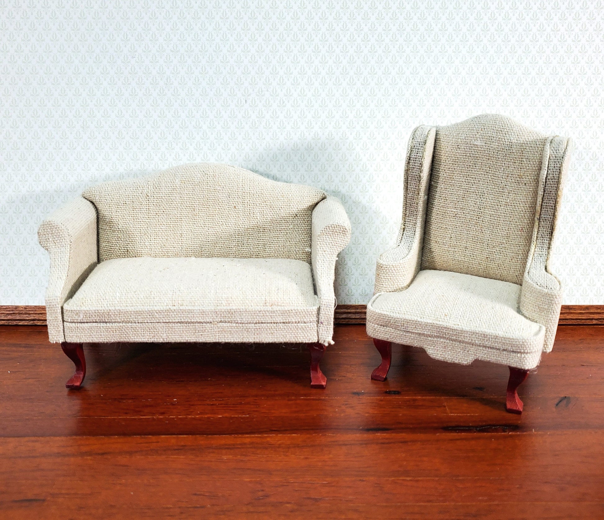 Dollhouse Arm Chair Wing Back Muslin Style Fabric 1:12 Scale Miniature Furniture