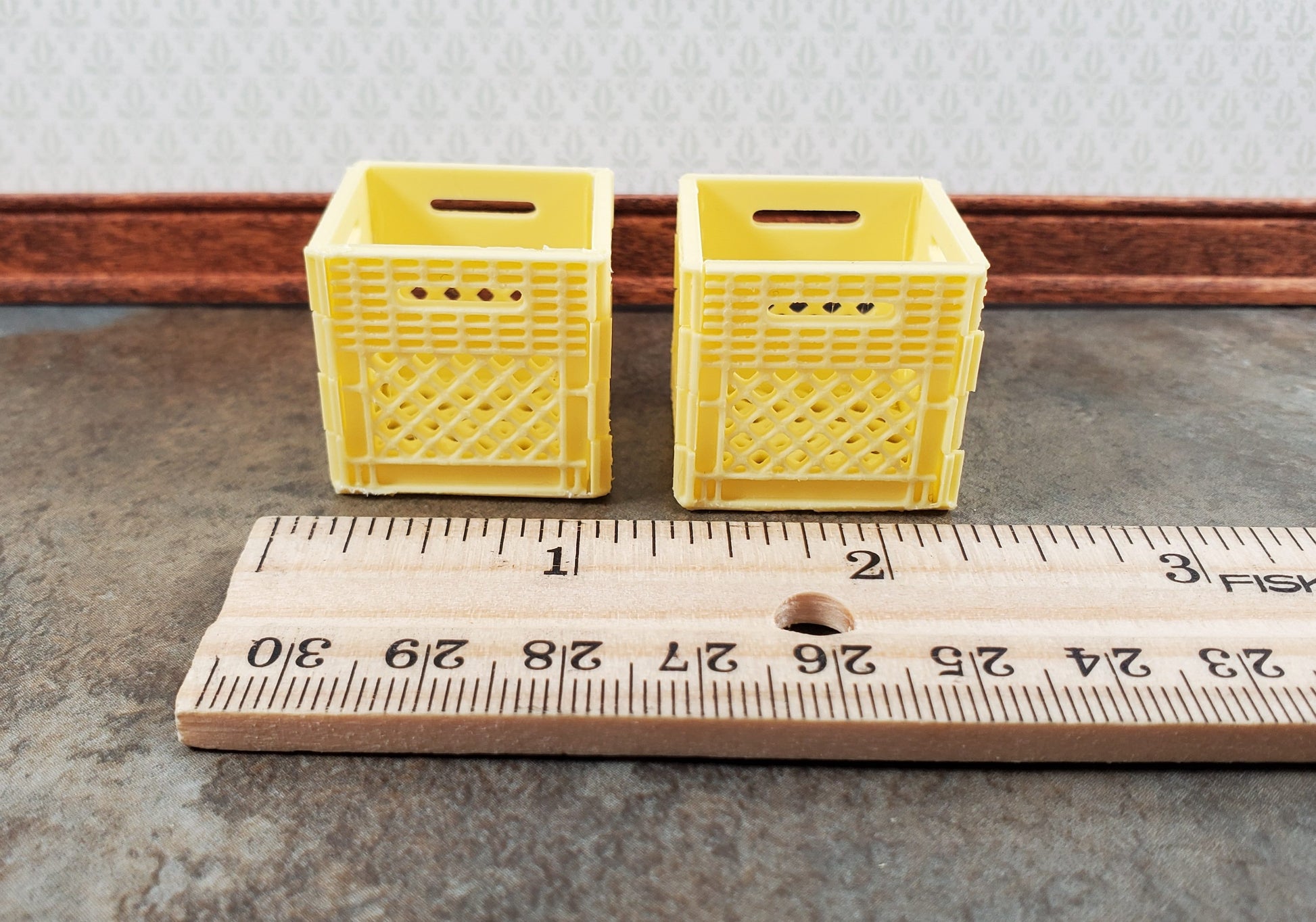 Miniature 2 Milk Crates 1" Square Yellow Cream Finish 1:12 Scale Diorama Models