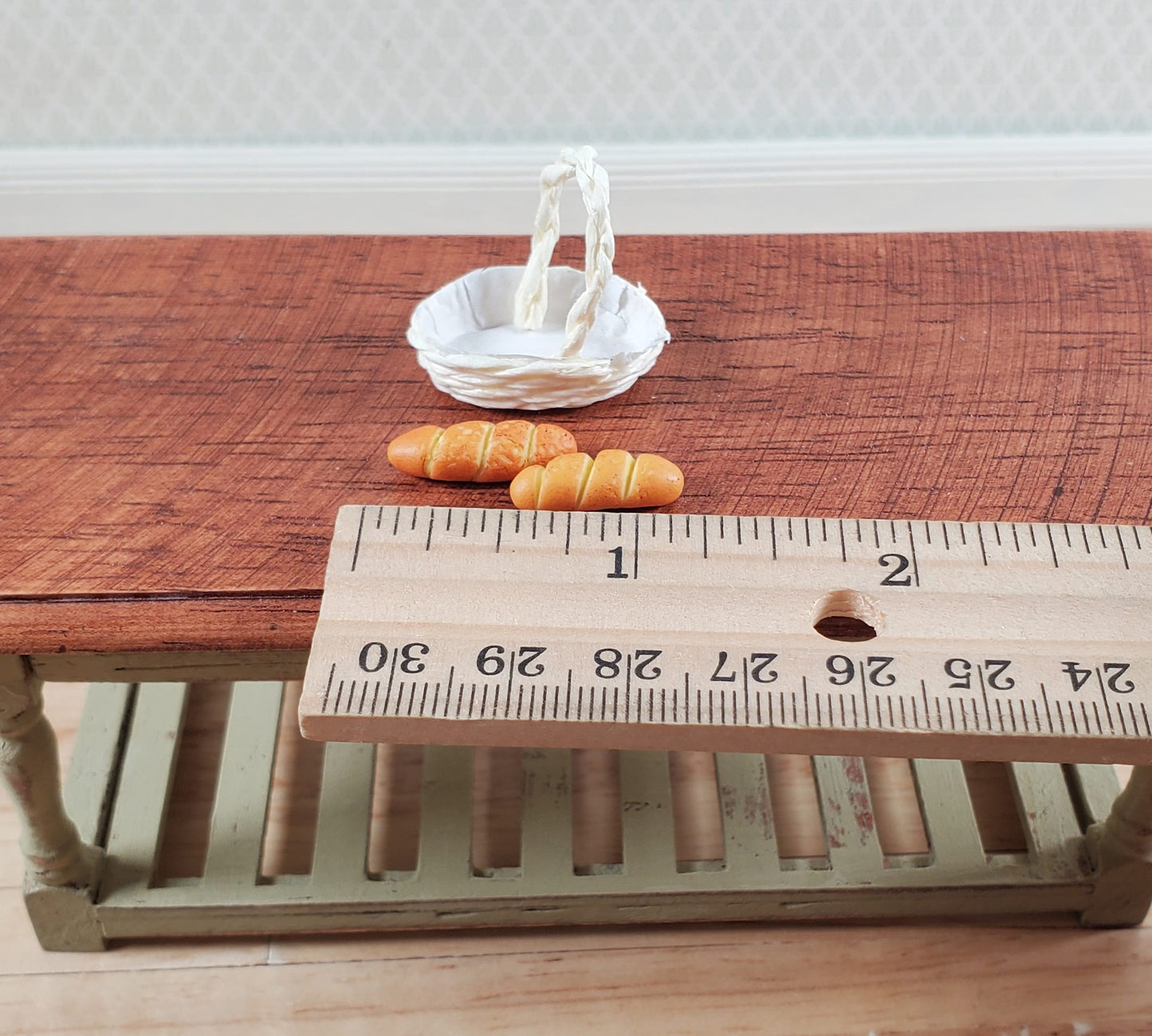 Dollhouse 2 Small Loaves of Bread in a White Basket 1:12 Scale Miniature
