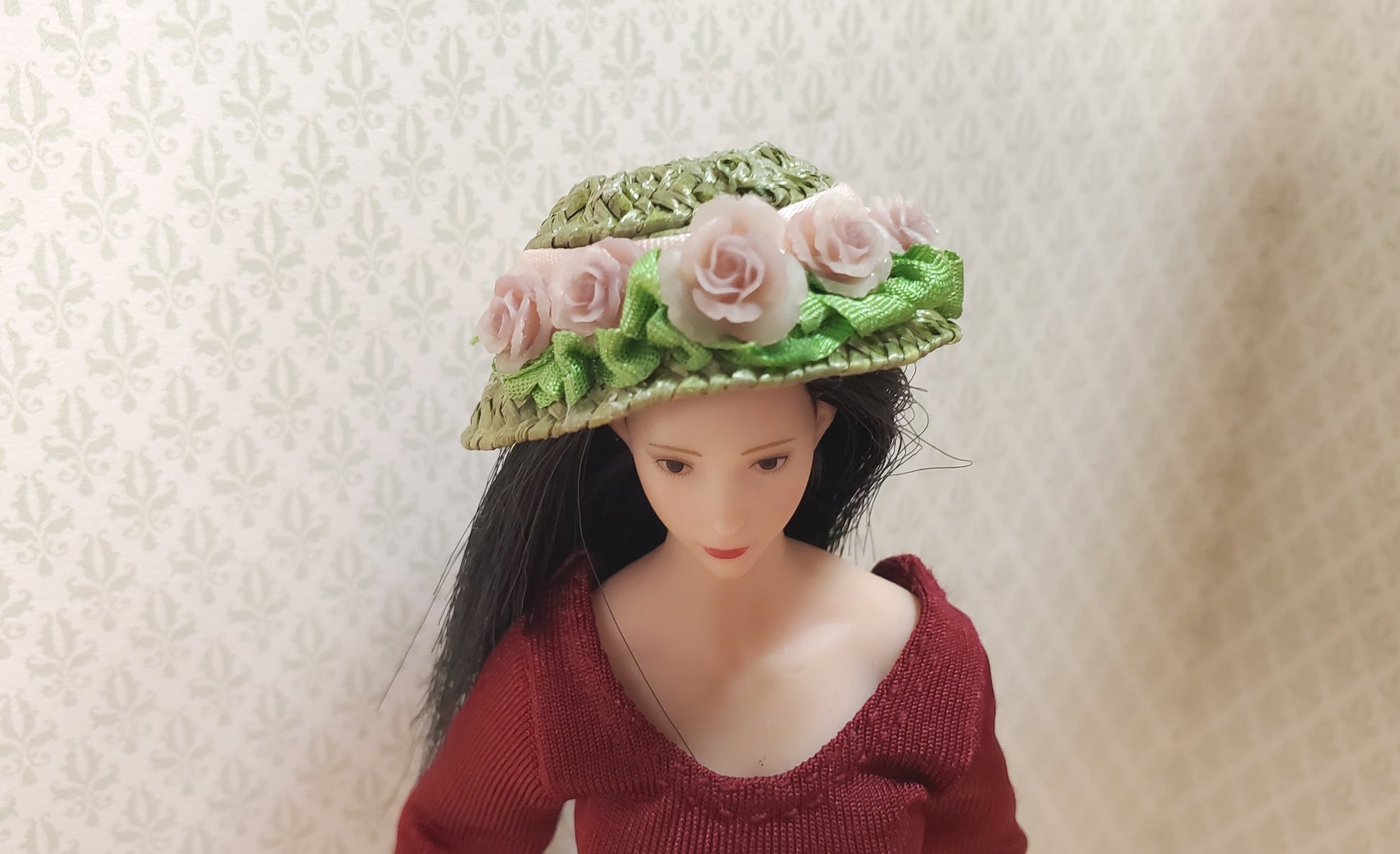 Dollhouse Victorian Hat Green with Pink Roses Handmade 1:12 Scale Miniature