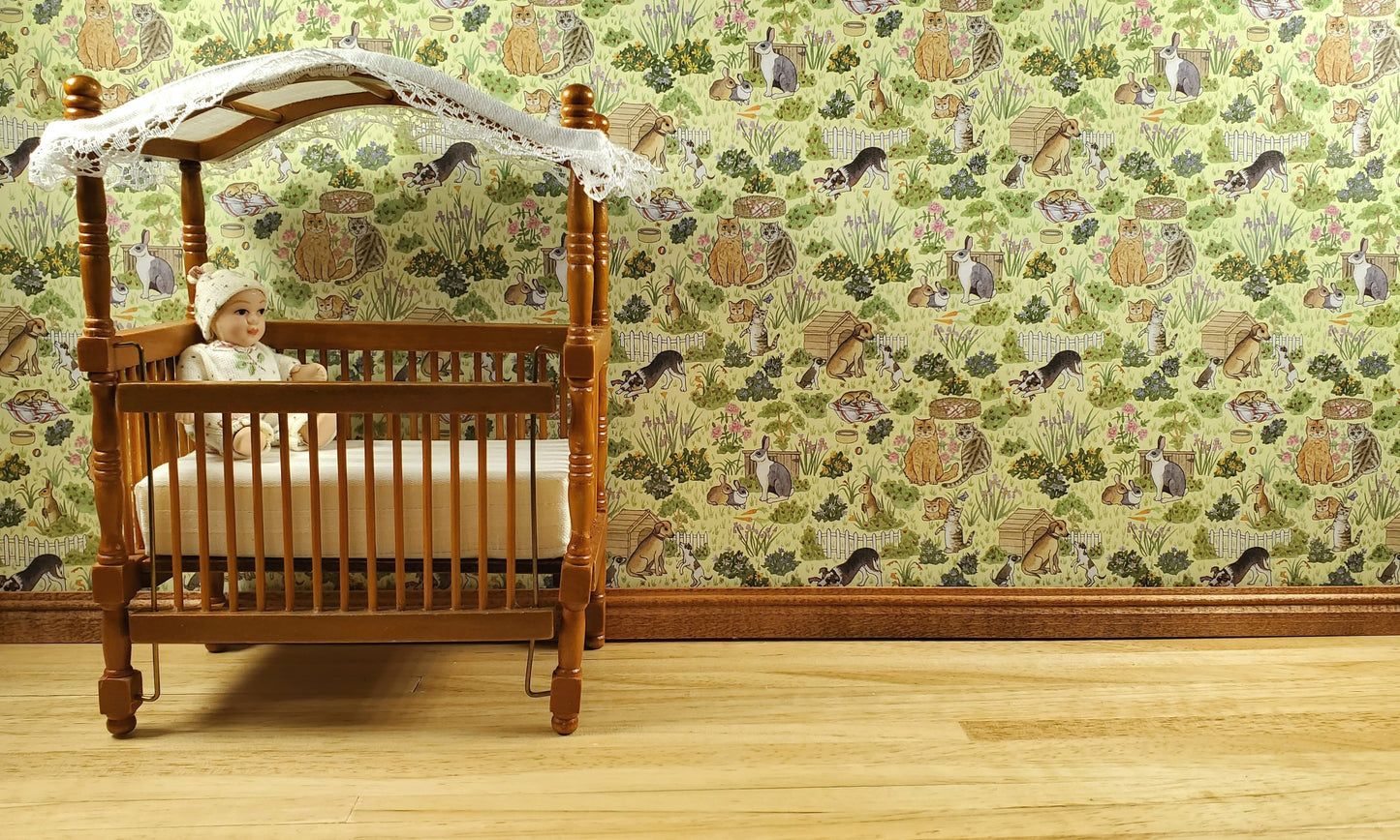 Dollhouse Wallpaper 3 Sheets Family Pets 1:12 Dogs Cats Bunnies Green
