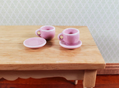 Dollhouse Coffee Mug Cups with Saucer PINK Set of 2 1:12 Scale Miniature Dishes