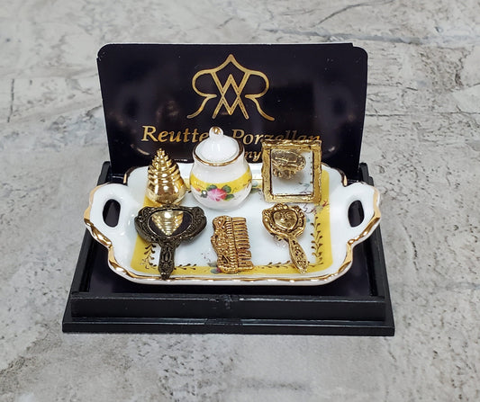 Dollhouse Vanity Set Mirror Comb Perfume Brush Reutter Porcelain 1:12 Scale Miniature
