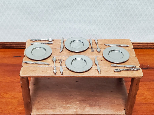 Dollhouse Silver Plates and Silverware Place Settings x4 1:12 Scale Miniatures