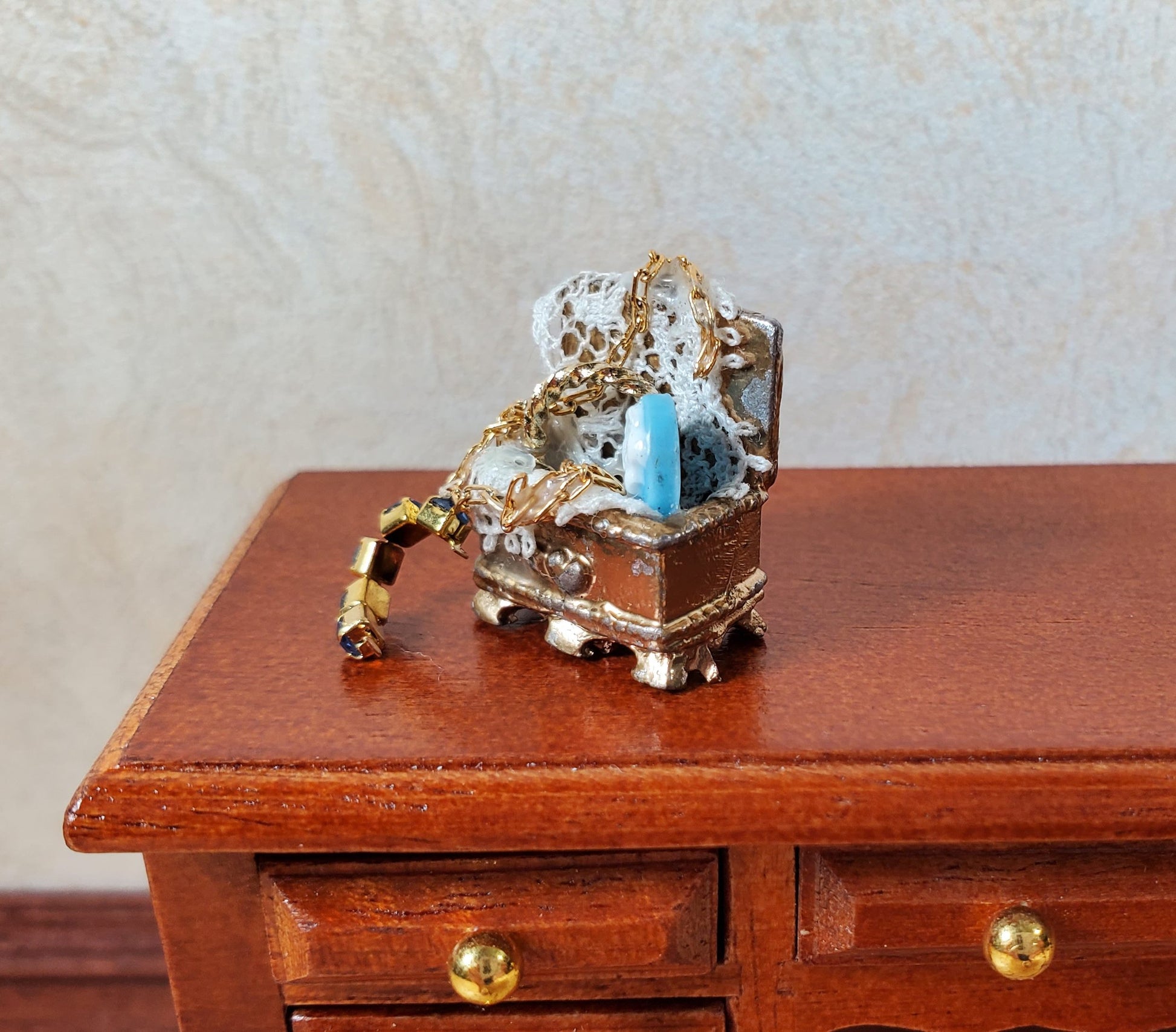 Dollhouse Filled Jewelry Chest Victorian Style 1:12 Scale Miniature Handmade