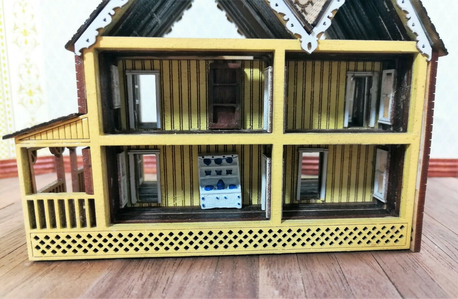 Dollhouse Miniature 1:144 Scale Kitchen Cabinet with Dishes Hand Painted Metal