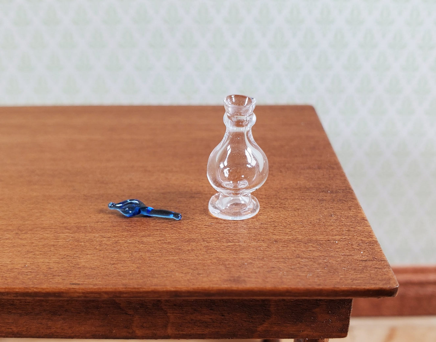 Miniature Glass Decanter Bottle with Blue Twist Stopper 1:12 Scale Dollhouse