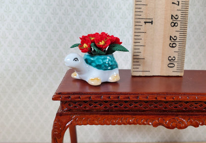 Dollhouse Red Flowers in Green Turtle Planter Pot Ceramic 1:12 Scale Miniature