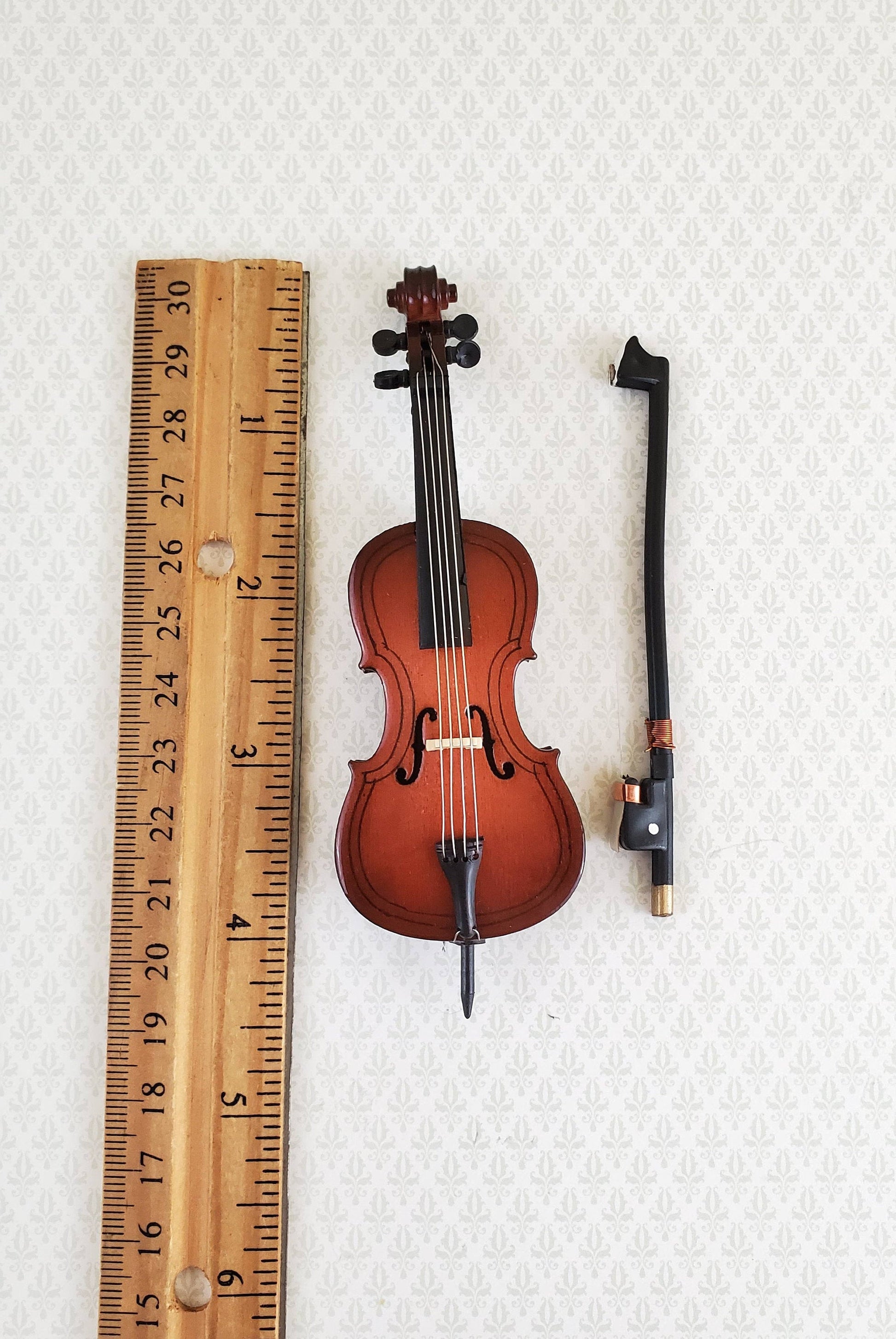Dollhouse Miniature Cello and Bow Wood 4 1/2" 1:12 Scale Instrument
