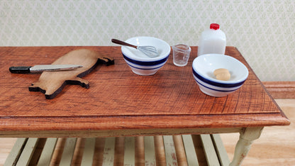 Dollhouse Bowl White with Blue Stripes Ceramic Set of 2 1:12 Scale Miniature