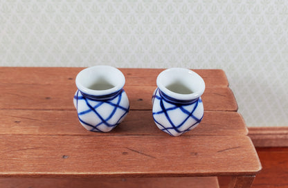Dollhouse Ceramic Planter Blue & White Set of 2 Cross Hatch 1:12 Scale Miniature