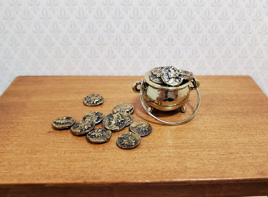 Tiny Pot of Gold with Coins Cauldron with Handle Dollhouse Miniature