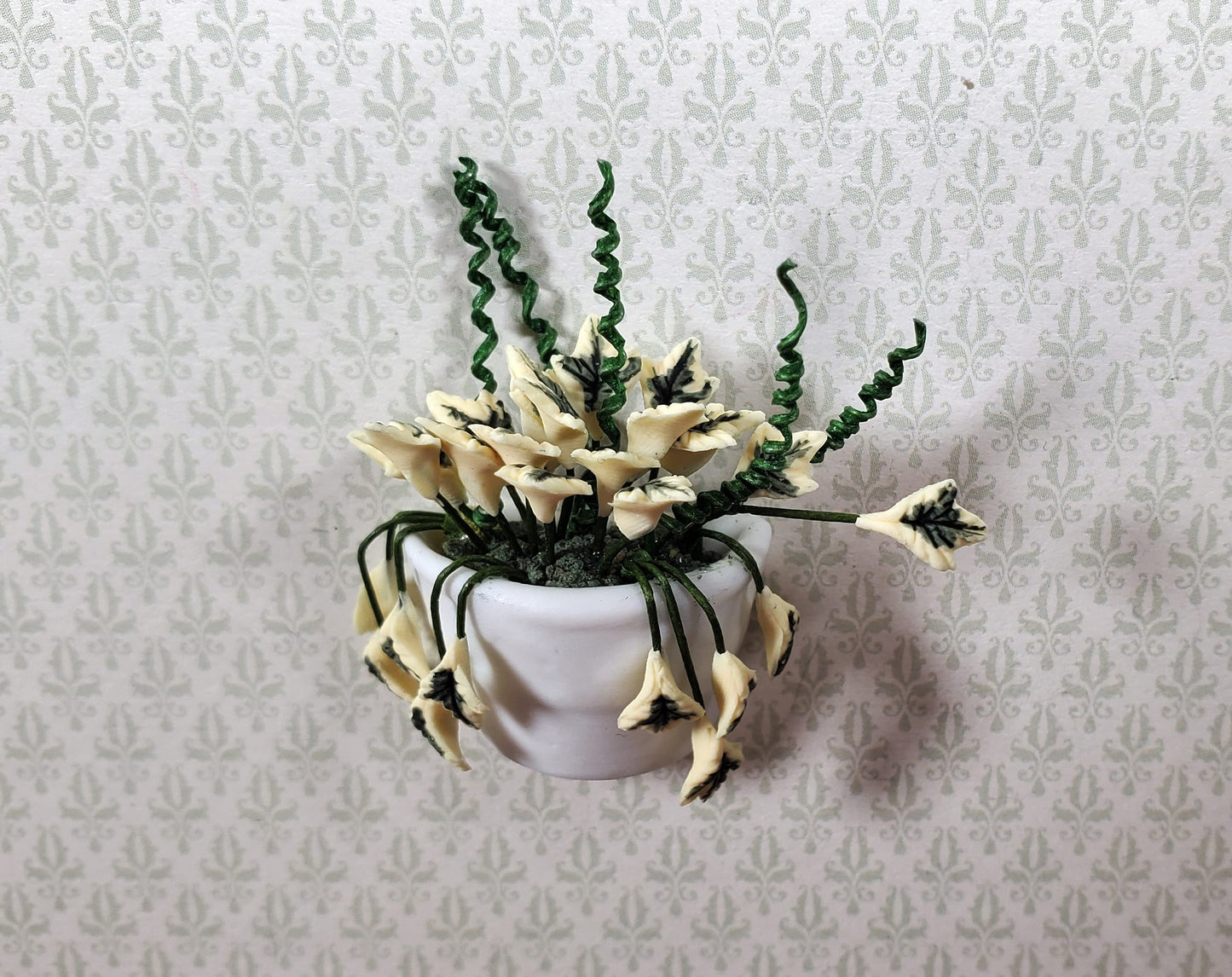 Dollhouse Variegated English Ivy in White Ceramic Wall Planter 1:12 Scale