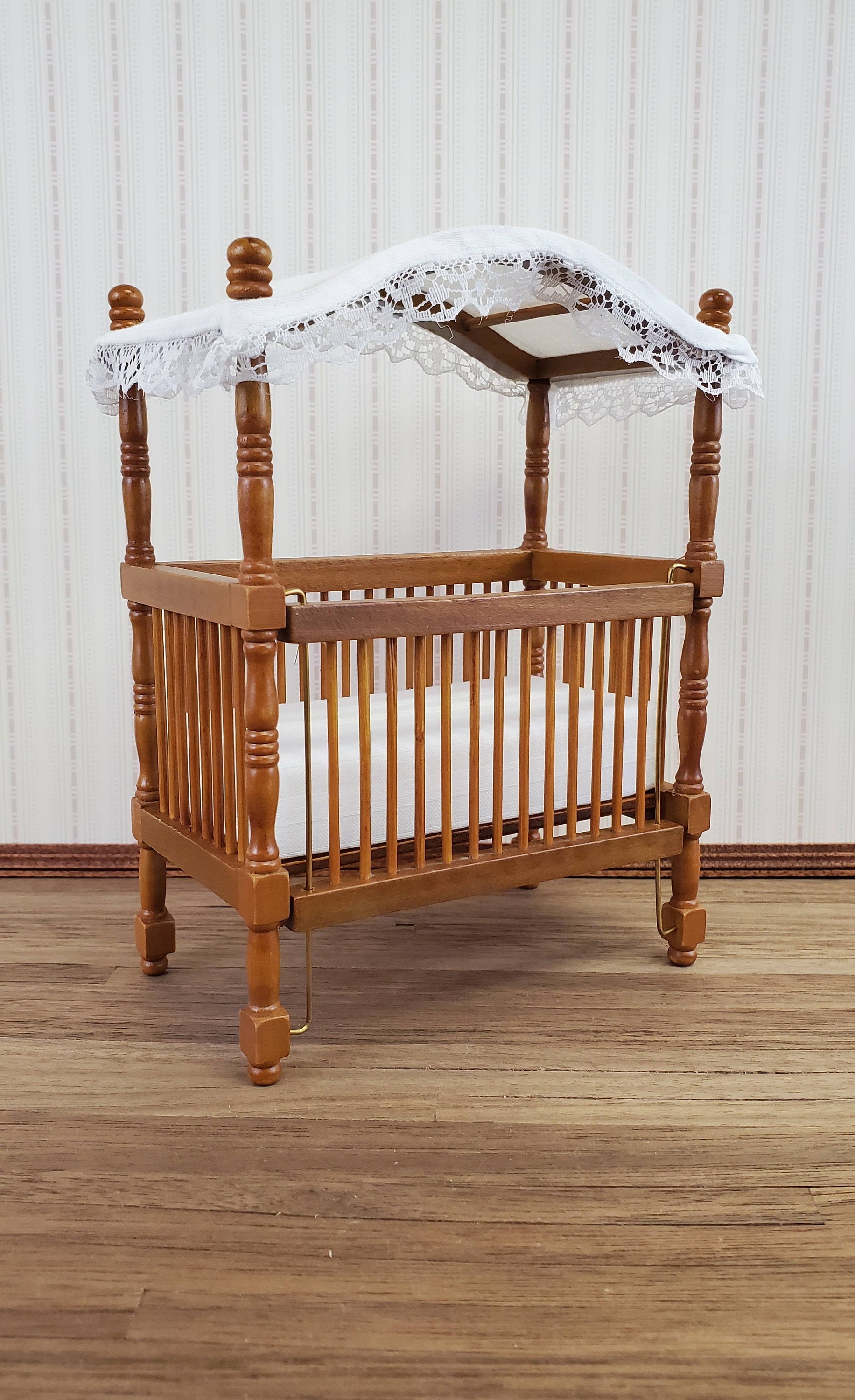 Dollhouse Miniature Canopy Crib Walnut Finish 1:12 Scale Nursery Furniture