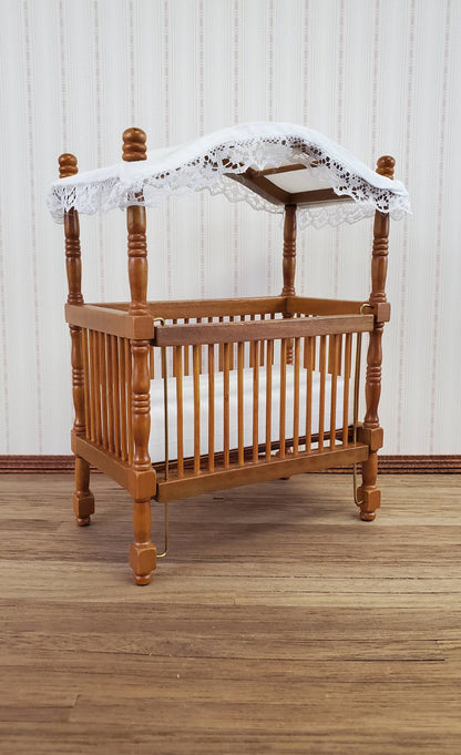 Dollhouse Miniature Canopy Crib Walnut Finish 1:12 Scale Nursery Furniture