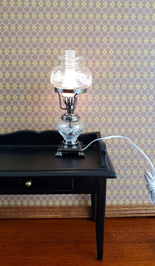 Dollhouse Hurricane Oil Lamp 12 Volt Light w/ Plug 1:12 Scale Vintage Style Pewter Finish