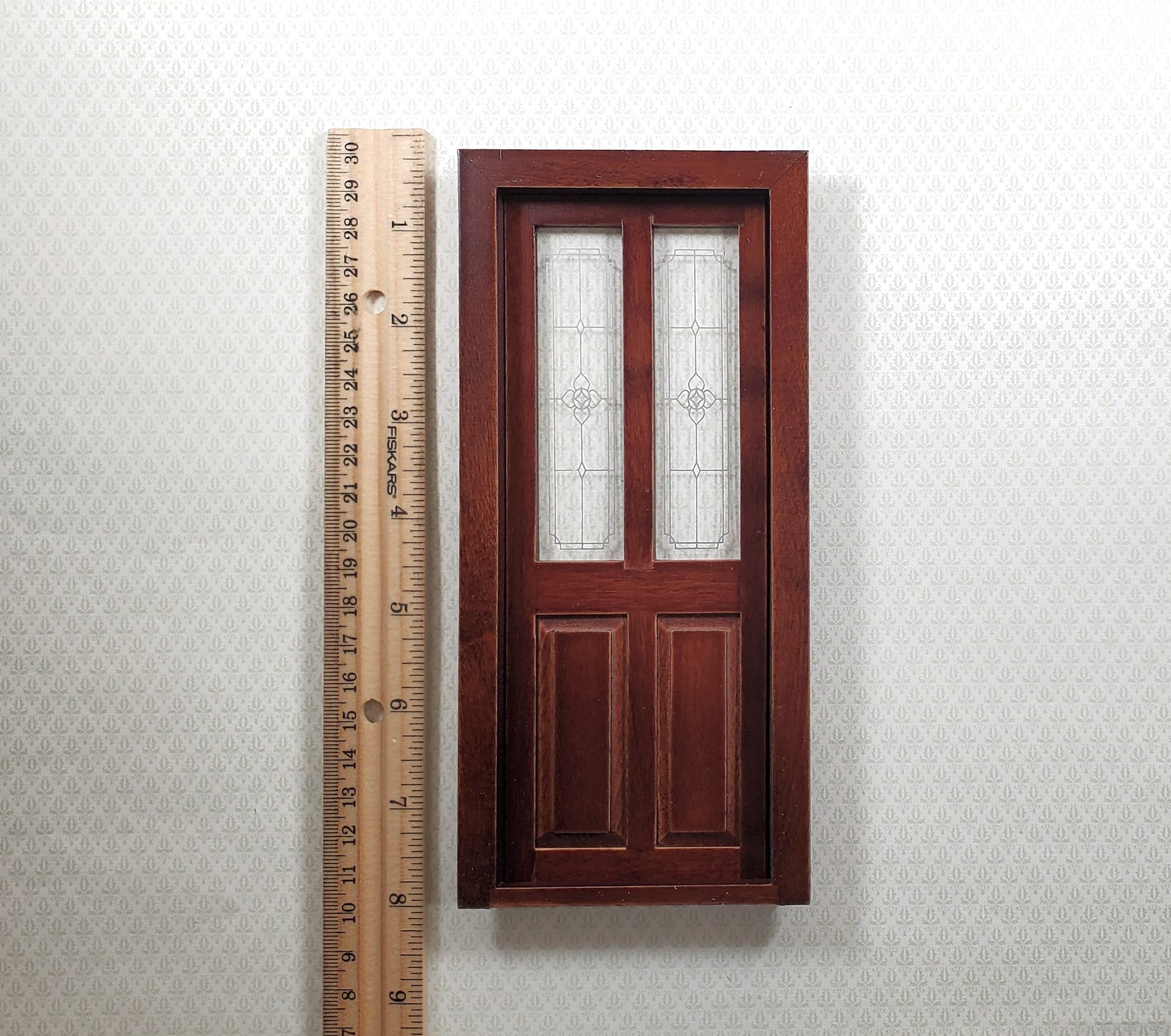 Dollhouse Exterior Front Door with Windows 1:12 Scale Miniature Walnut Finish