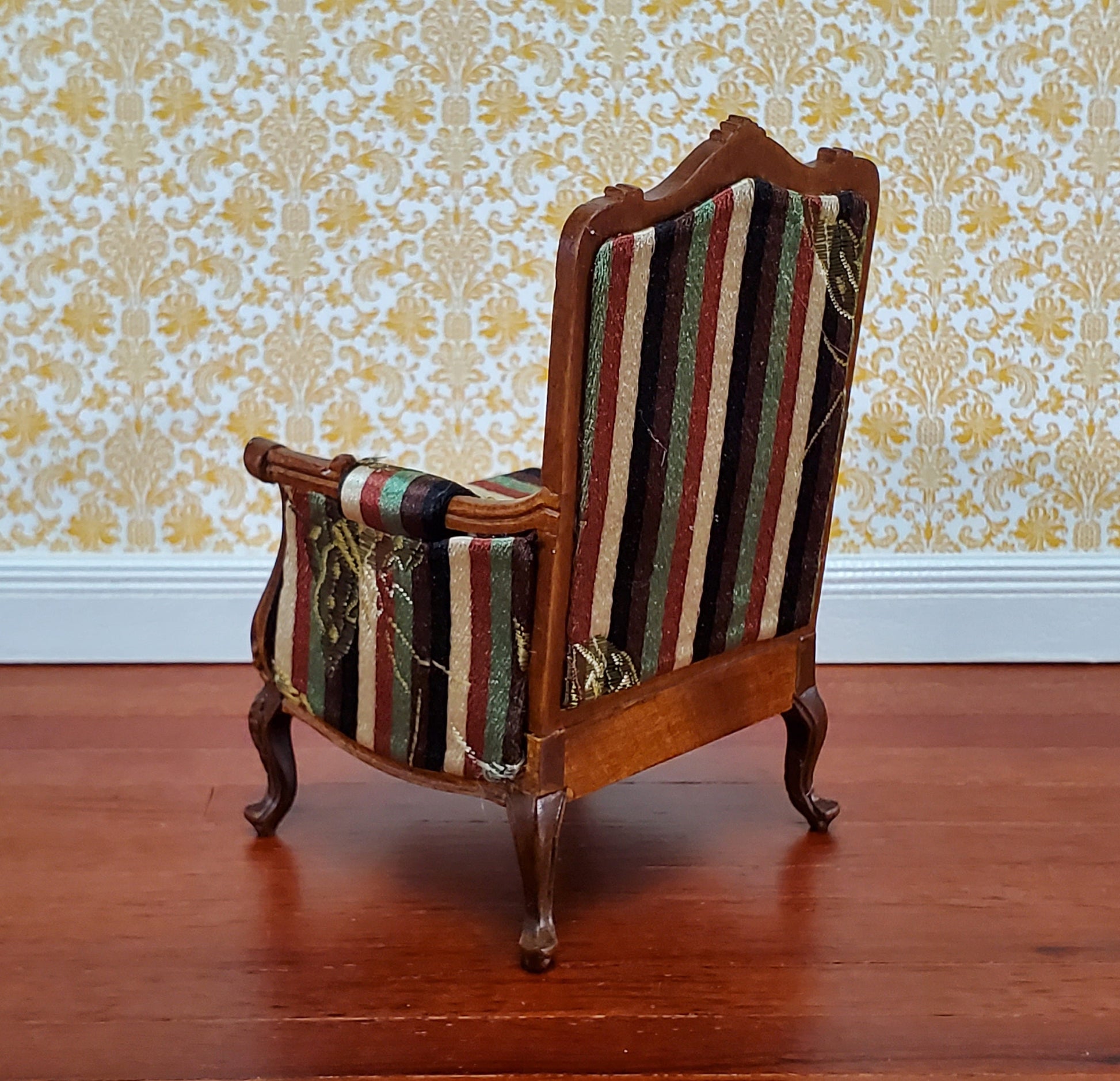 JBM Dollhouse Chair Victorian Style Striped Neutral Fabric 1:12 Scale Furniture