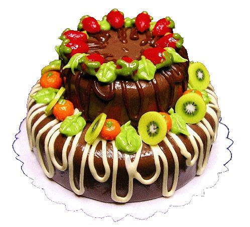 Dollhouse Large 2 Tier Fruit Topped Chocolate Cake Miniature Dessert Prop