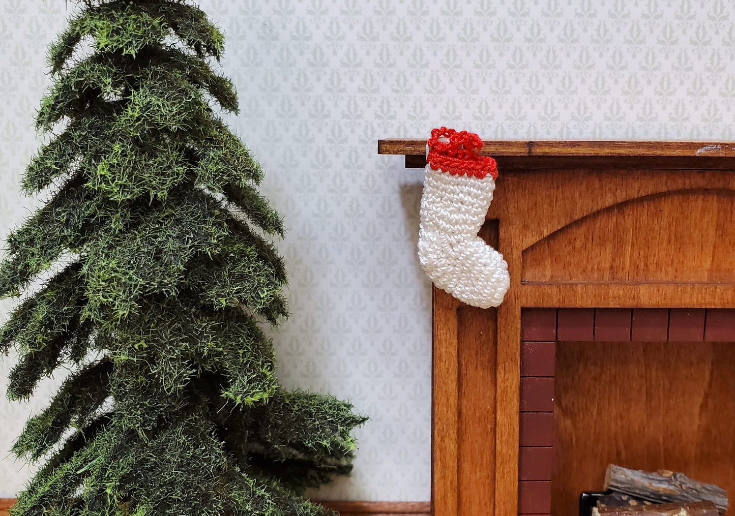 Dollhouse Christmas Stocking White Red Hand Crocheted 1:12 Scale Miniature