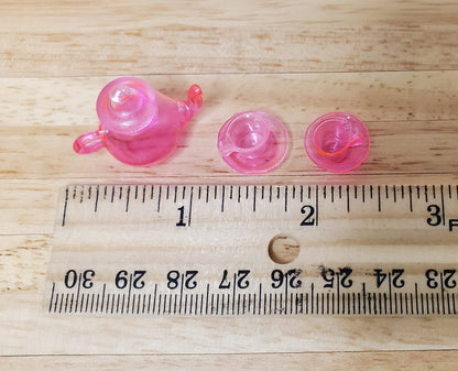 Dollhouse Bright Pink Glass Tea Set Teapot Teacups and Saucers 1:12 Scale