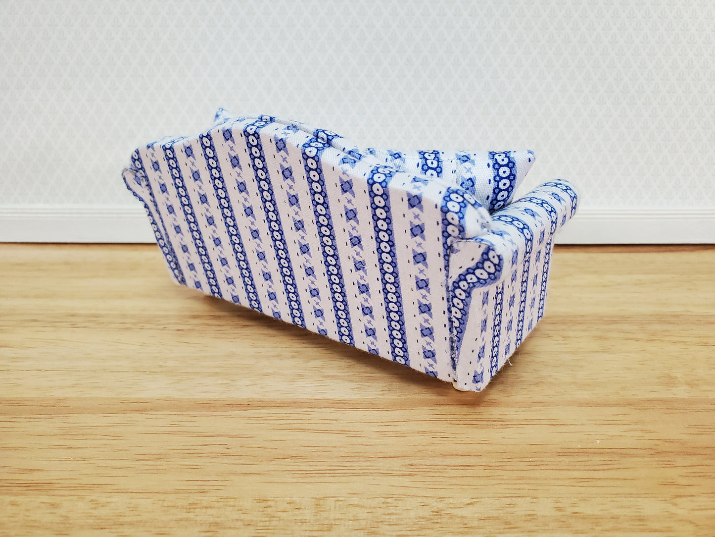Dollhouse Sofa Couch Modern Blue & White with Cushions 1:12 Scale Miniature Furniture