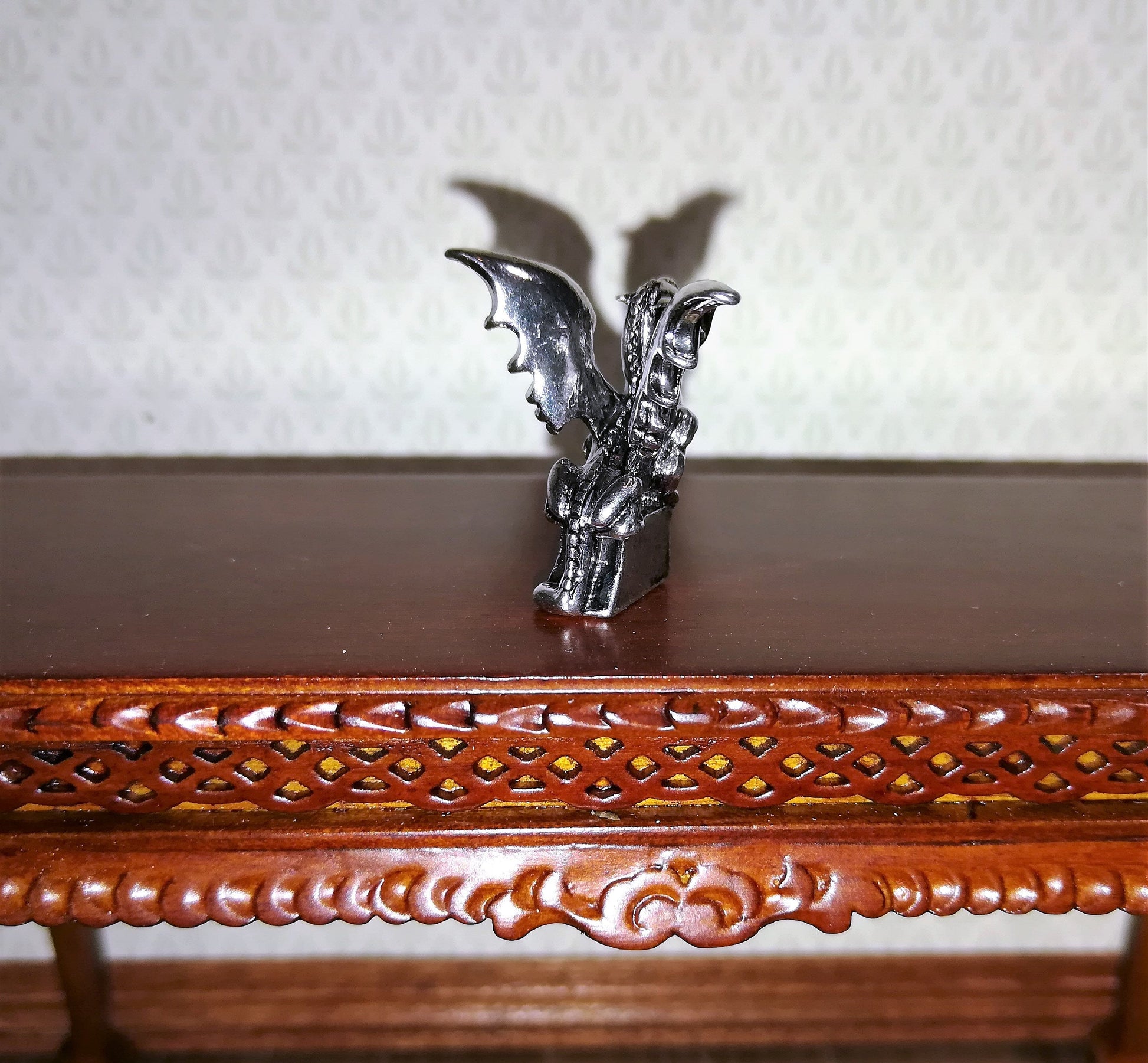Dollhouse Miniature Dragon Statue Silver Tone 1:12 Scale 7/8" Tall Detailed