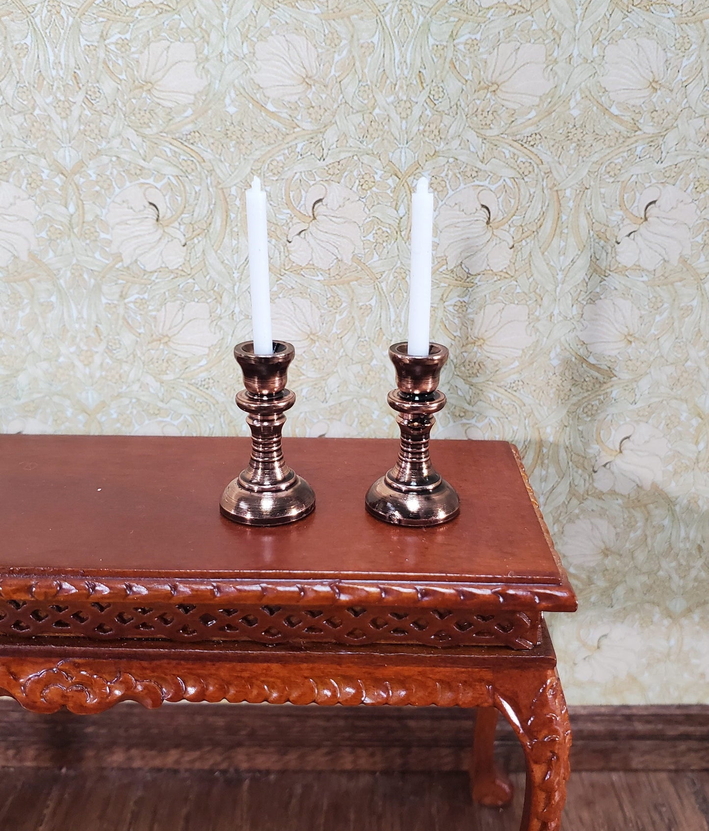 Dollhouse Tall Candlestick Holders with Candles Set of 2 1:12 Scale Metal Aged Copper Finish