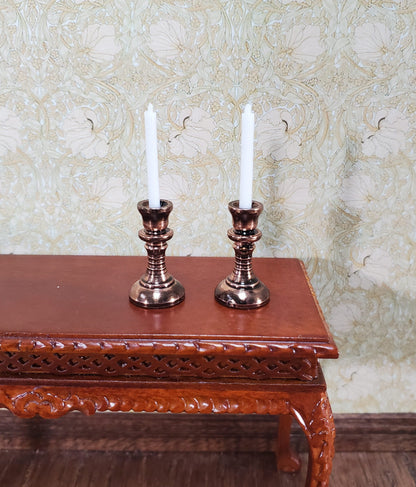 Dollhouse Tall Candlestick Holders with Candles Set of 2 1:12 Scale Metal Aged Copper Finish