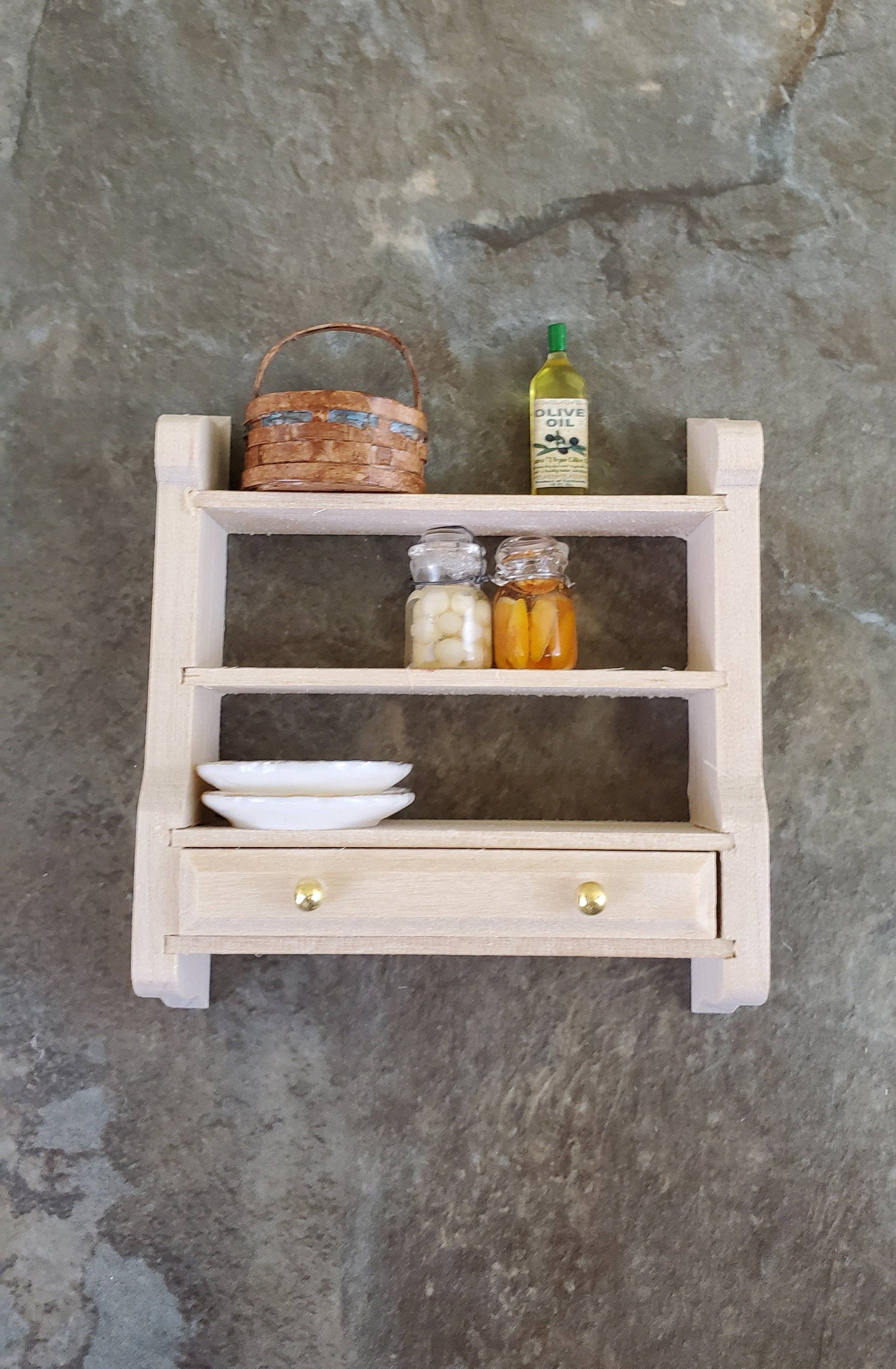 Dollhouse Miniature Hanging Shelf with Drawer 1:12 Scale Furniture Unpainted Wood