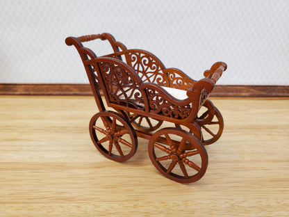 Dollhouse Baby Carriage Stroller Victorian Style 1:12 Scale Furniture Walnut Finish