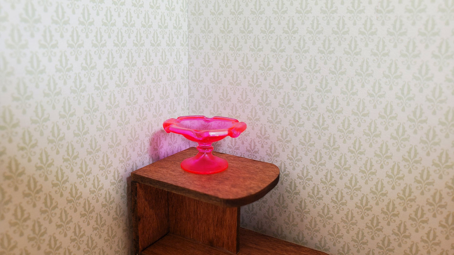 Dollhouse Fluted Bright Pink Pedestal Glass Platter 1:12 Scale Miniature