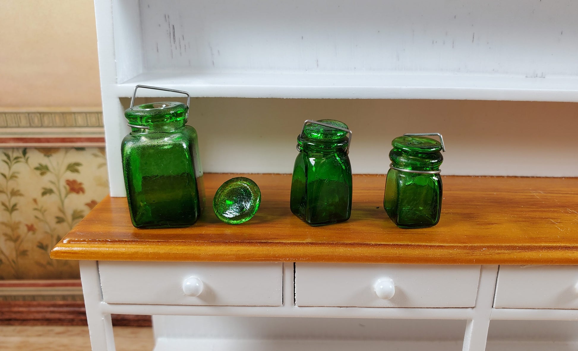 Dollhouse Extra Large Square Glass Canning Jars Set of 3 Green 1:12 Scale