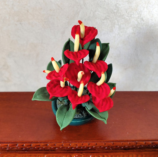 Dollhouse Red Anthurium Plant in Dark Green Bowl 1:12 Scale Miniature