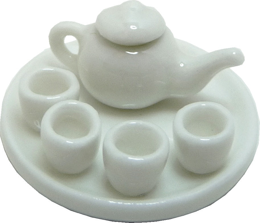 Dollhouse HALF SCALE White Ceramic Tea Set on White Serving Platter 1:24 Scale