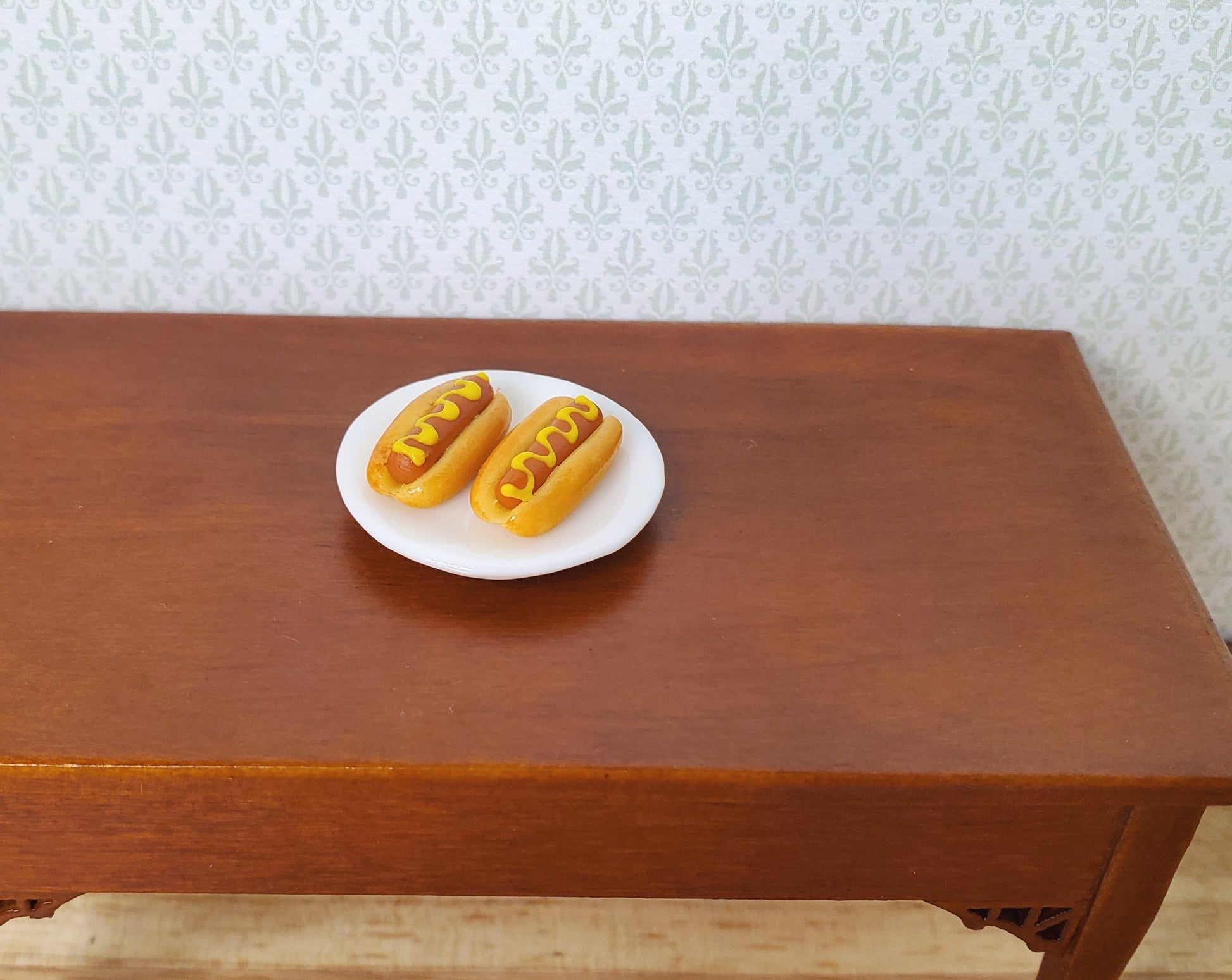 Dollhouse Hot Dogs with Mustard Set of 2 1:12 Scale Miniature Food Kitchen