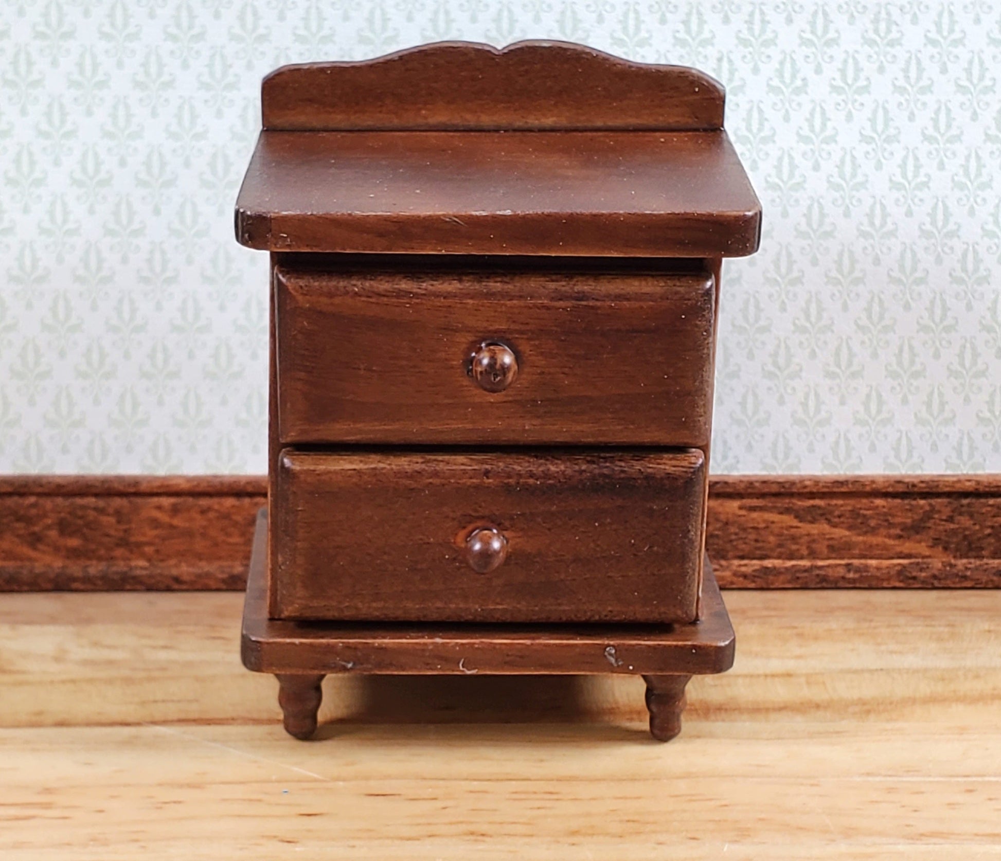Dollhouse Nightstand Side Table 2 Drawers Walnut Finish 1:12 Scale Miniature Furniture