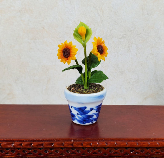 Dollhouse Sunflowers Plant in Blue and White Ceramic Pot 1:12 Scale Miniature