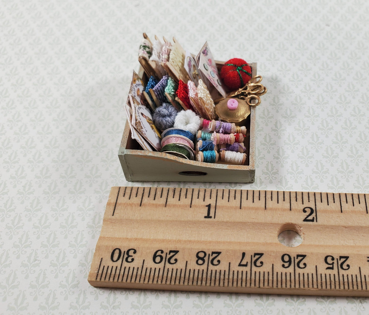 Dollhouse Sewing Box with Notions Patterns Lace Pin Cushion 1:12 Scale Miniature