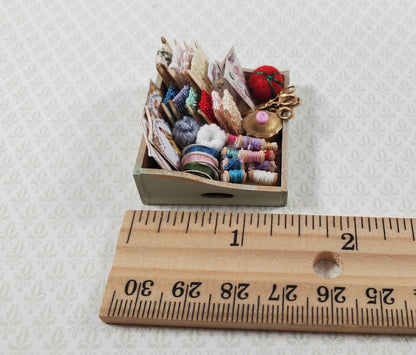 Dollhouse Sewing Box with Notions Patterns Lace Pin Cushion 1:12 Scale Miniature